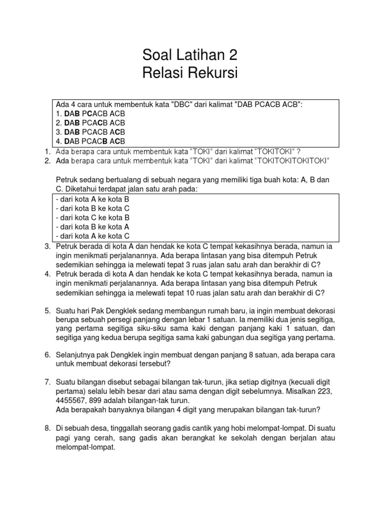 Soal Latihan Relasi Rekursi dan Kombinasi | PDF