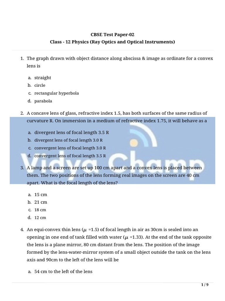 CBSE Test Paper02 Class 12 Physics (Ray Optics and Optical