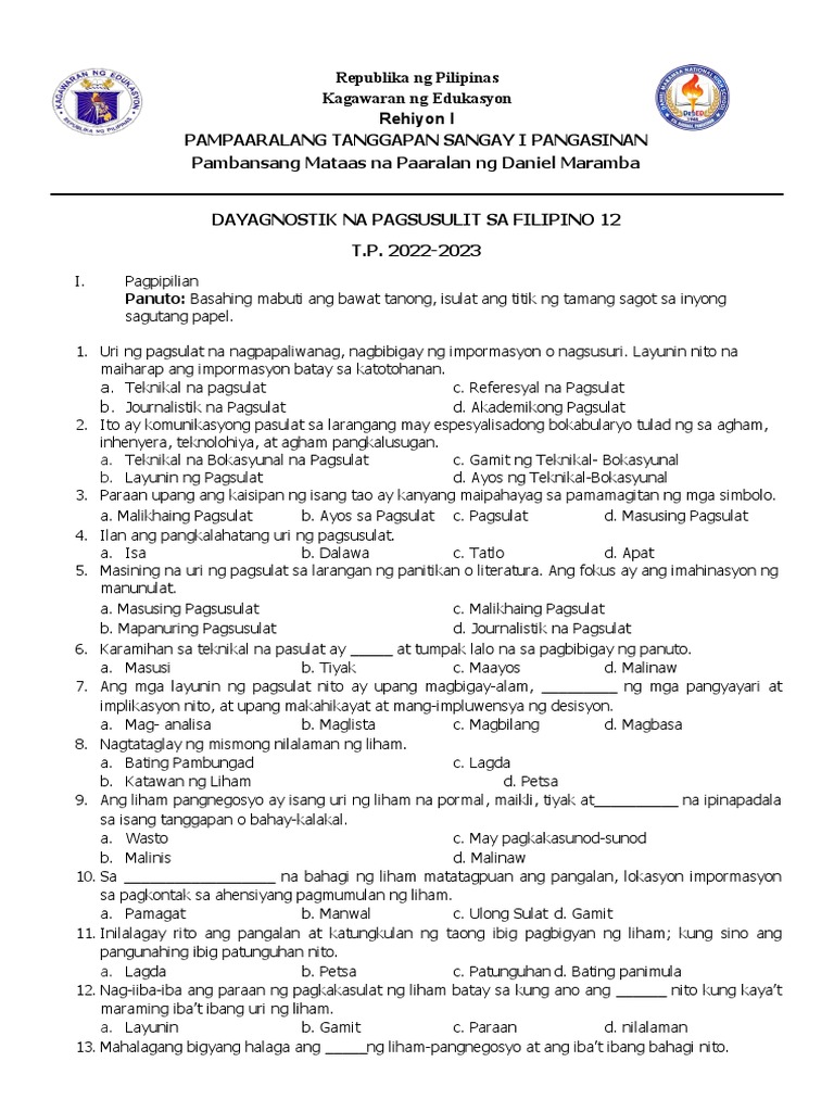 Diagnostic Test Piling Larangan Tech Voc | PDF