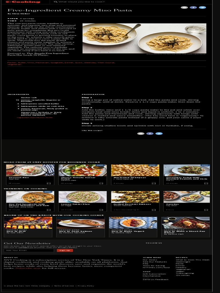 Five Ingredient Creamy Miso Pasta Recipe NYT Cooking PDF Pasta