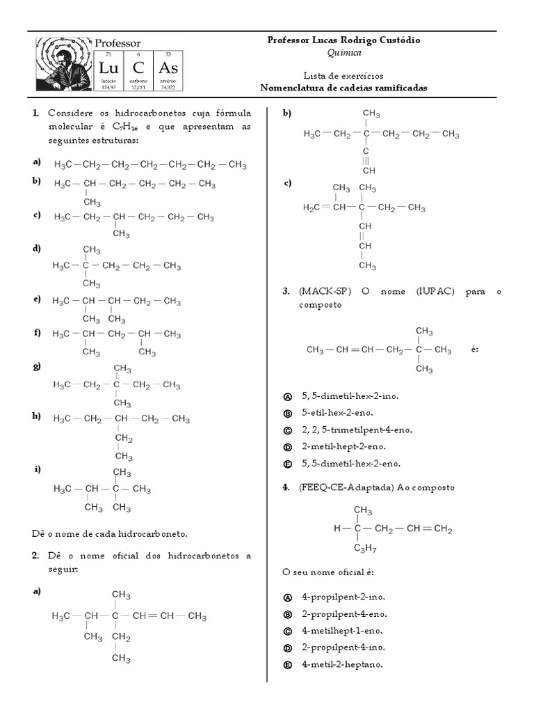 Exercícios de Nomenclatura de Hidrocarbonetos | PDF | Compostos ...