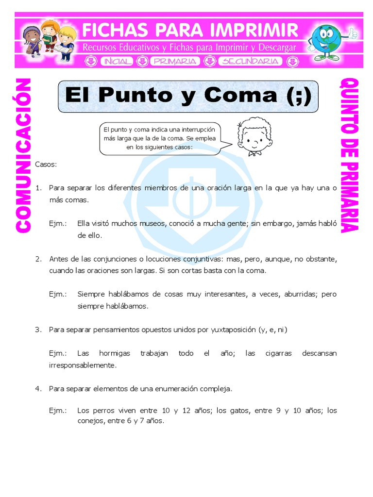 Ficha Punto y Coma para Quinto de Primaria | PDF