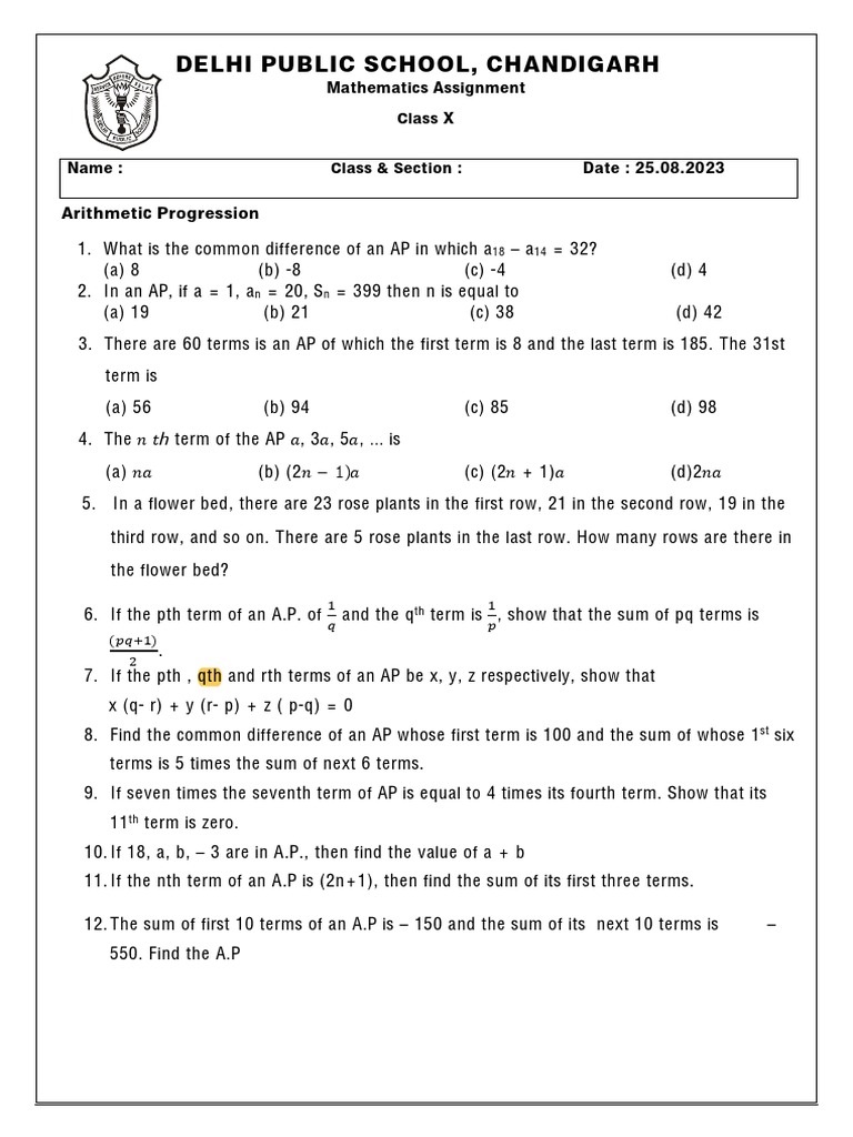 Class X Mathematics Assignments Guide | PDF