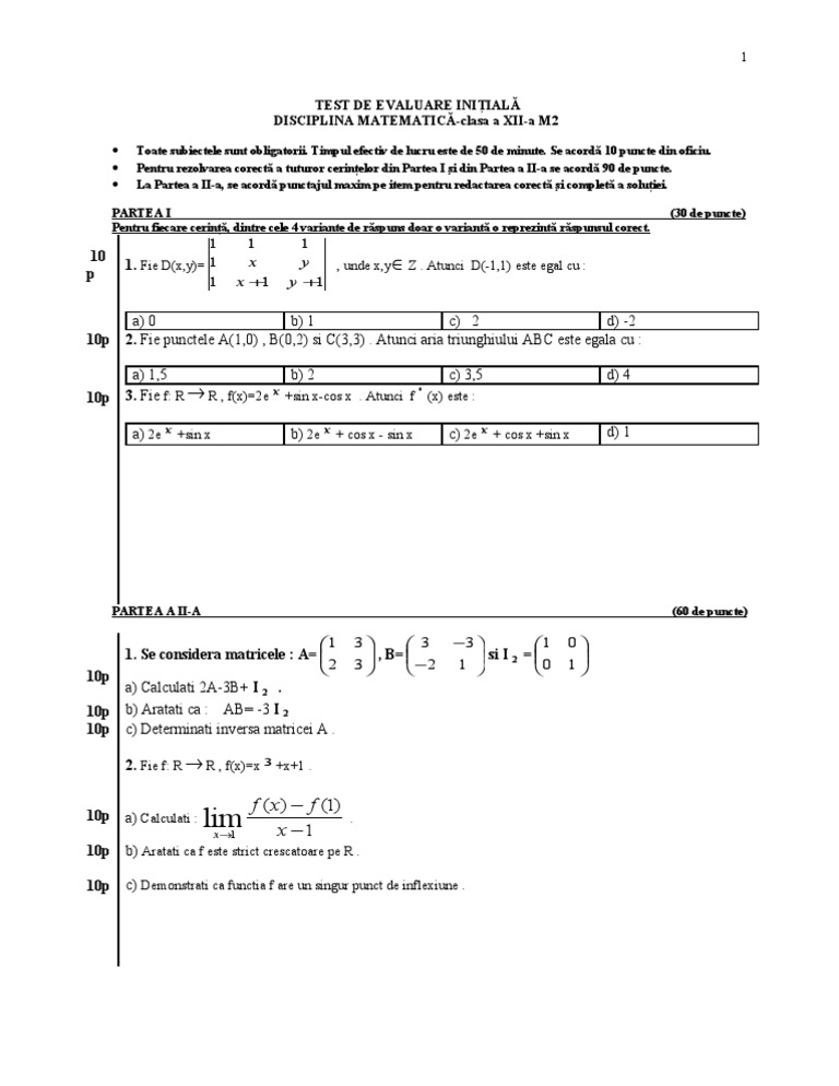 Mate - Info.ro.1828 Test Initial Clasa A XII-A | PDF