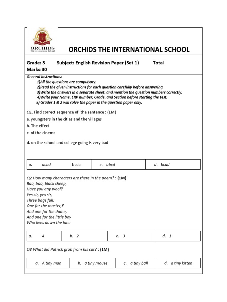 Grade 3 English UT Set 1 Pallagully PDF