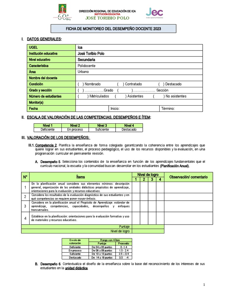 Ficha de Monitoreo Docente - 2023 | PDF | Evaluación | Aprendizaje