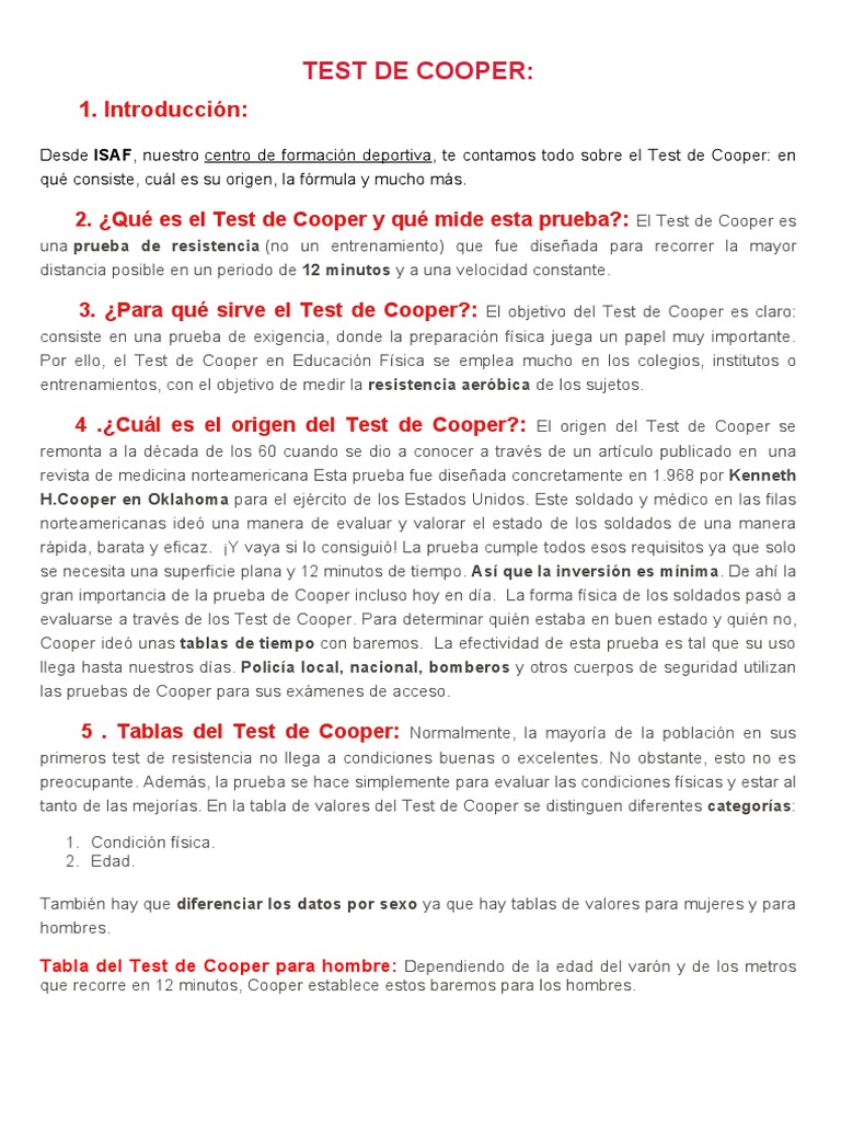 Guía del Test de Cooper y Tablas de Valoración | PDF