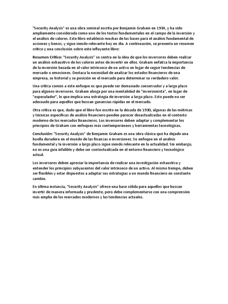 Análisis de "Security Analysis" de Graham | PDF | Benjamin Graham ...