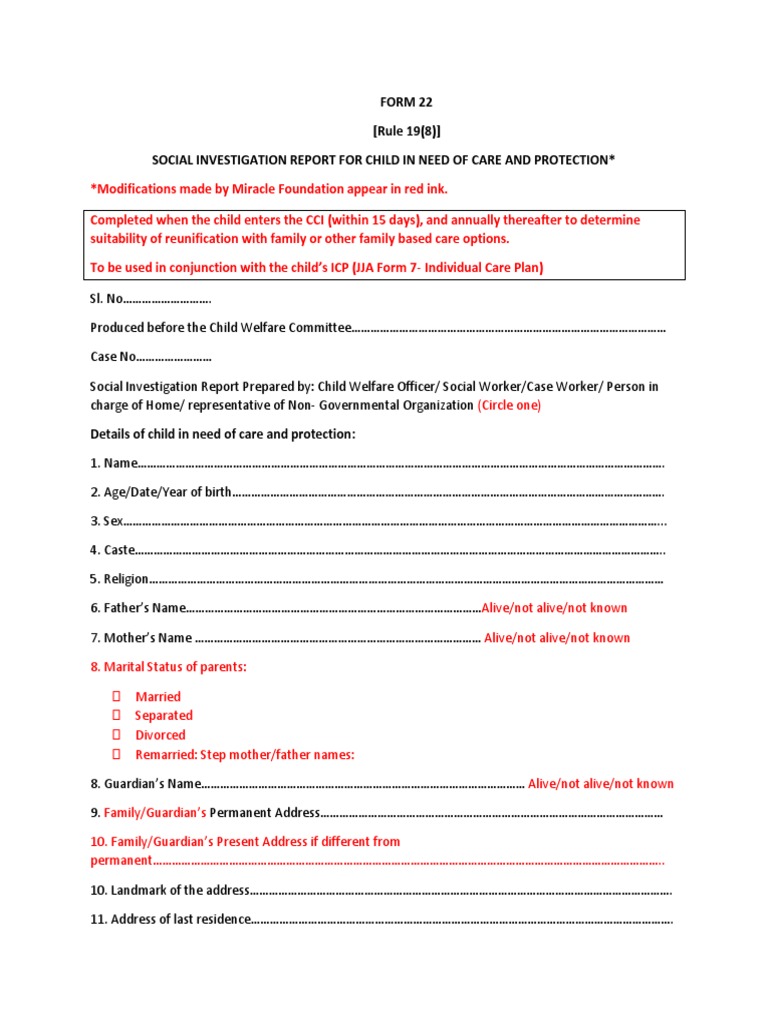 JJA FORM 22 Social Investigation Form FINAL | PDF | Family | Disability