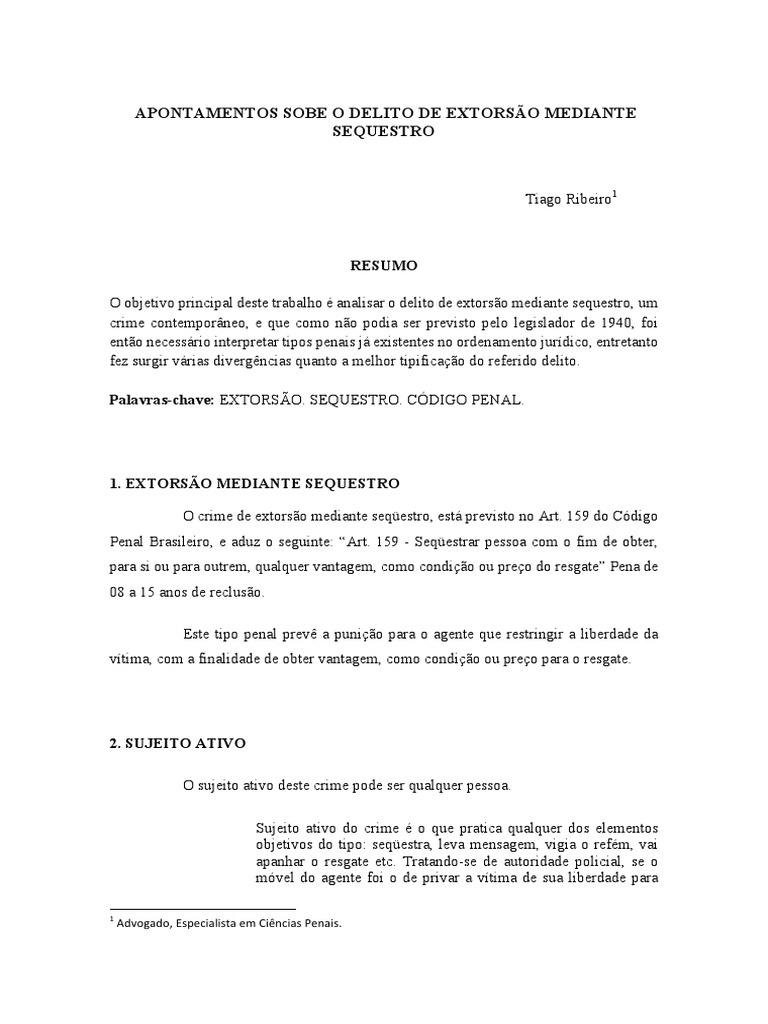 Extorsão Mediante Sequestro: Análise Jurídica | PDF | Extorsão | Lesão ...