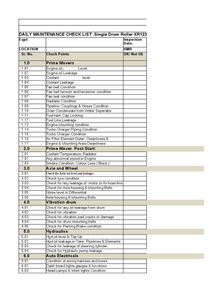 Daily Maintenance Checklist for XR123/XR103 | PDF