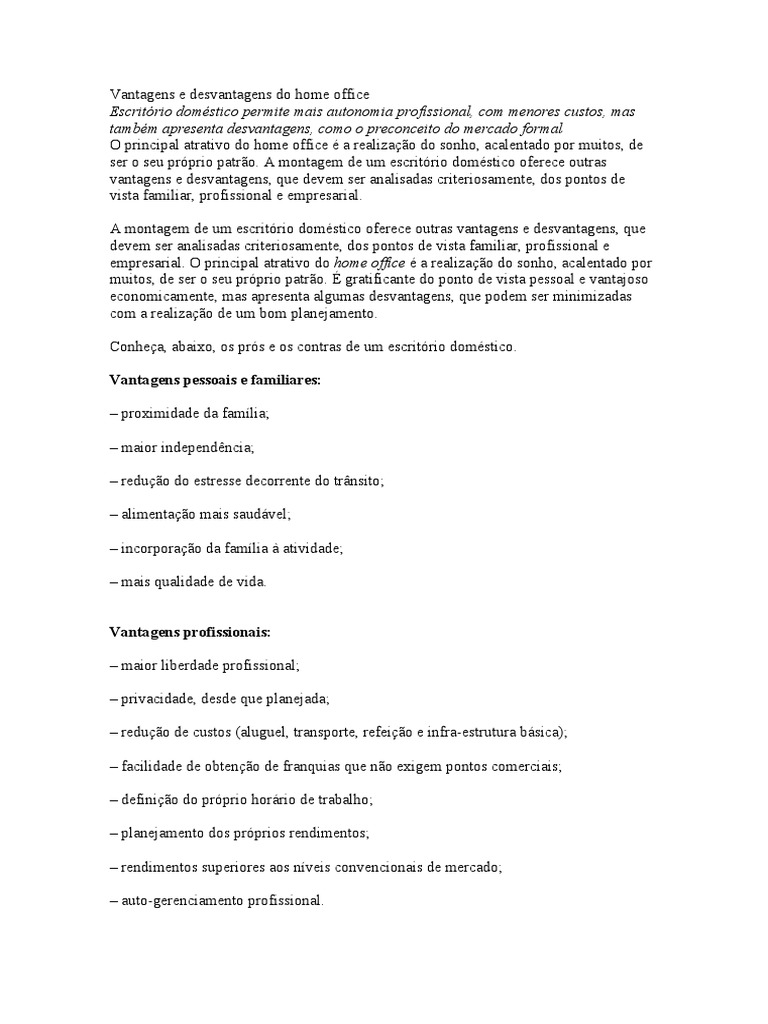 Vantagens e desvantagens do home office pdf business economias