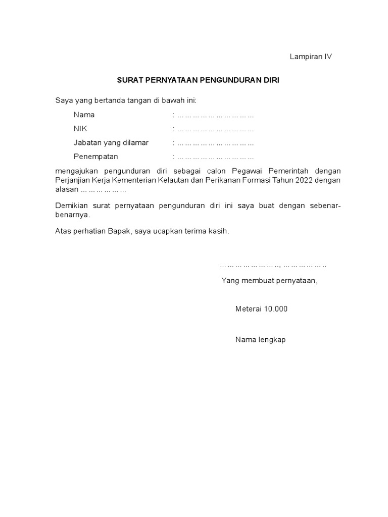 Lampiran IV - Surat Pengunduran Diri PPPK | PDF