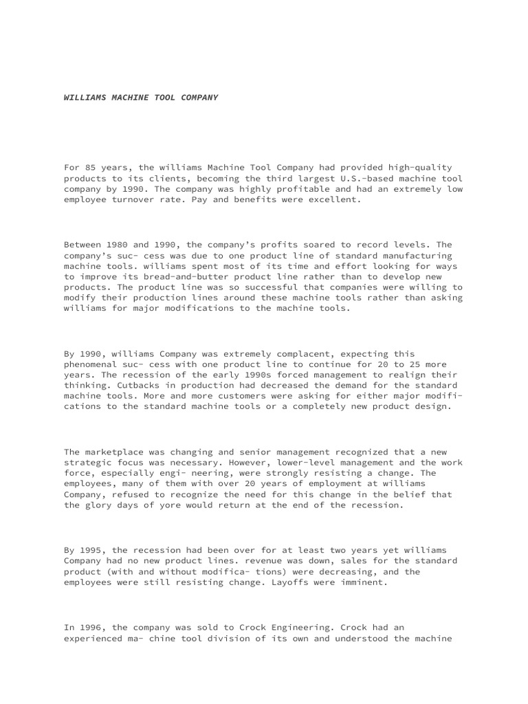 Williams Machine Tool Company PDF Labor Business Economics