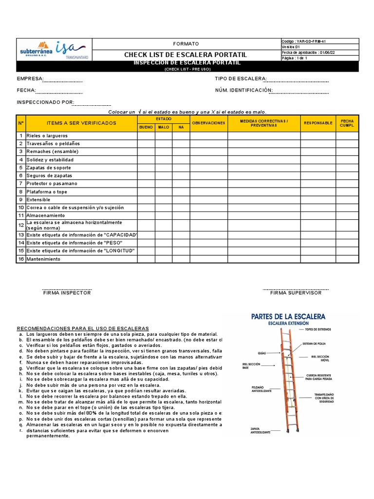 Yar SD Sso FRM 41 Check List de Escalera Portatil. | PDF