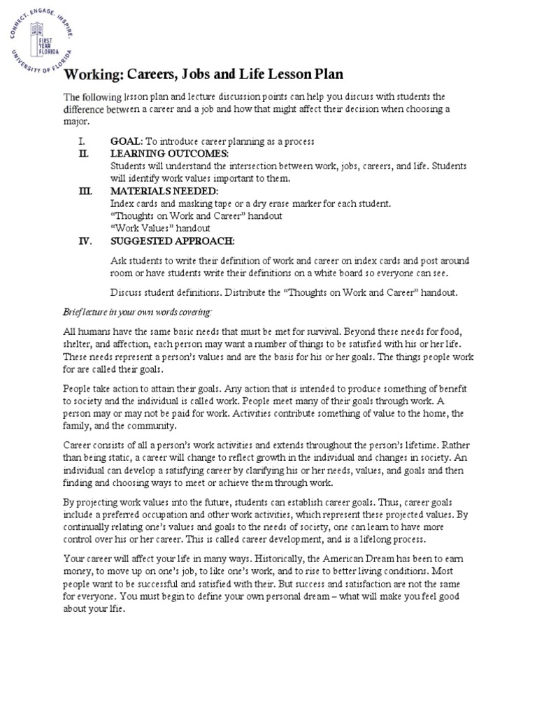 Working careers jobs and life lesson plan pdf