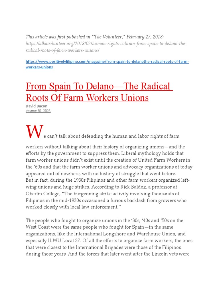 From Spain To DelanoThe Radical Roots of Farm Workers Unions PDF