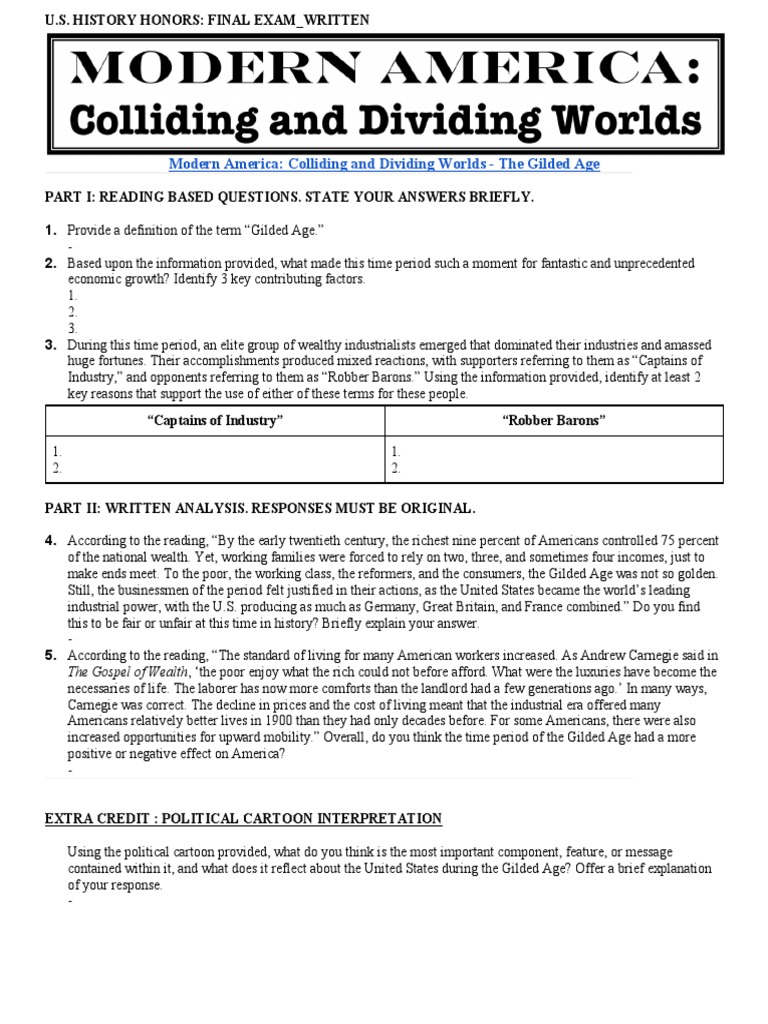 U.S.H.H. Final Exam - Gilded Age - Colliding & Dividing Worlds  PDF 