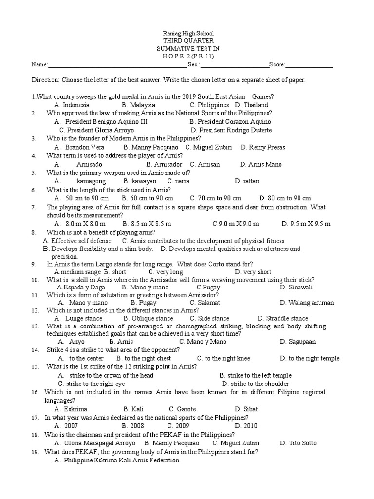 3rd Quarter Summative Test P.E. 11 PDF
