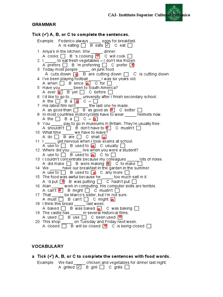 Grammar and Vocabulary Exercises | PDF | Cooking | Food And Drink
