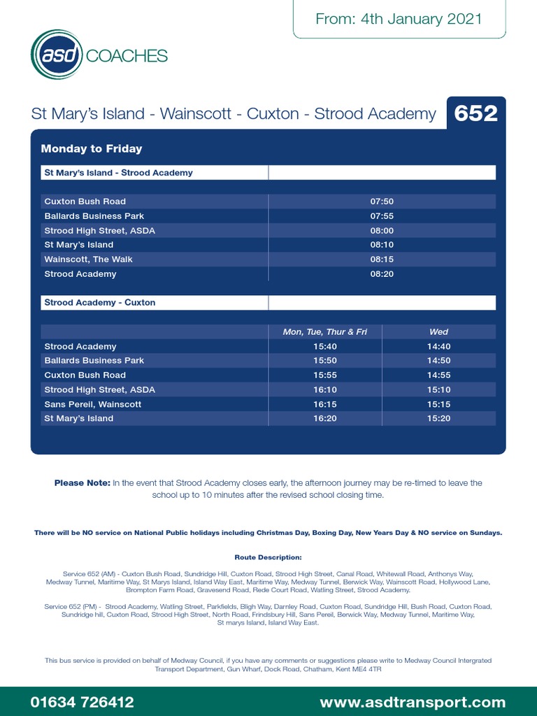 Service 652 Bus Schedule and Route Details | PDF