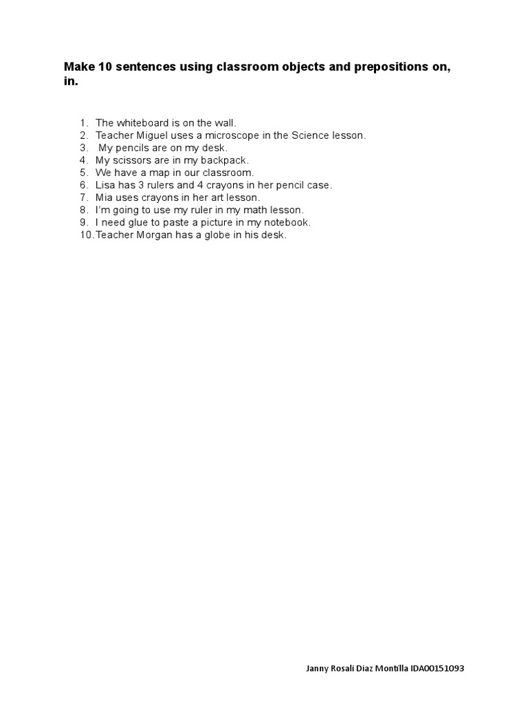 Make 10 sentences using classroom objects and prepositions on pdf