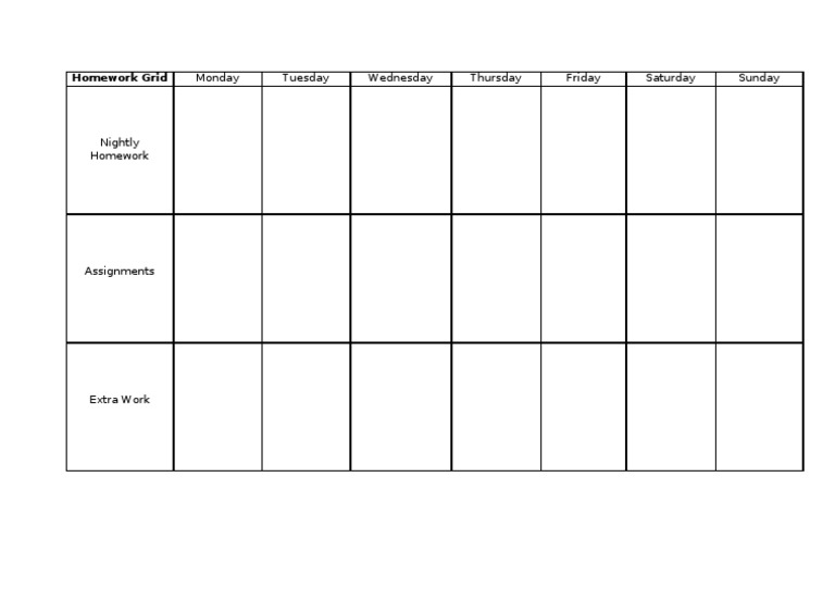 Weekly Homework Assignment Grid | PDF
