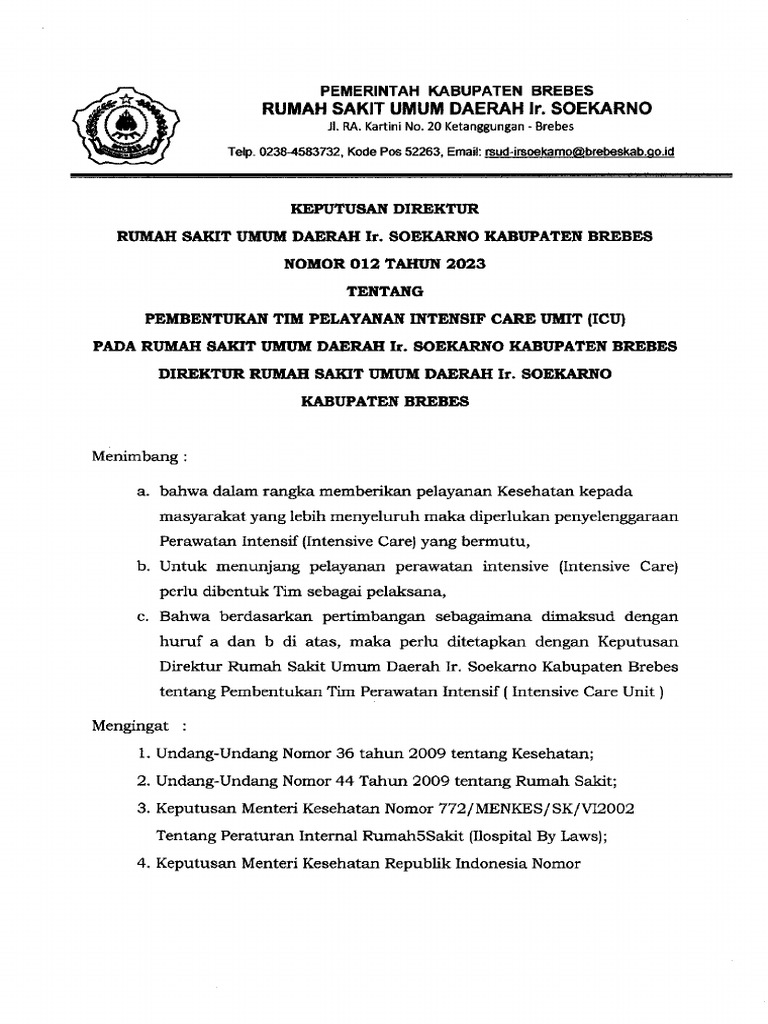 SK Tim Icu Rsud Ir. Soekarno Kab Brebes | PDF