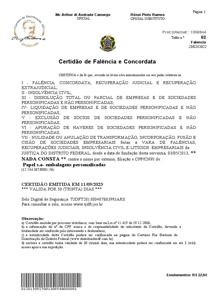 Certidão Falencia Concordata | PDF | Falência | Insolvência