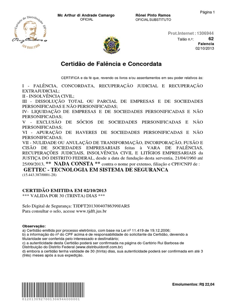 Certidão de Falência e Concordata | PDF | Falência | Insolvência