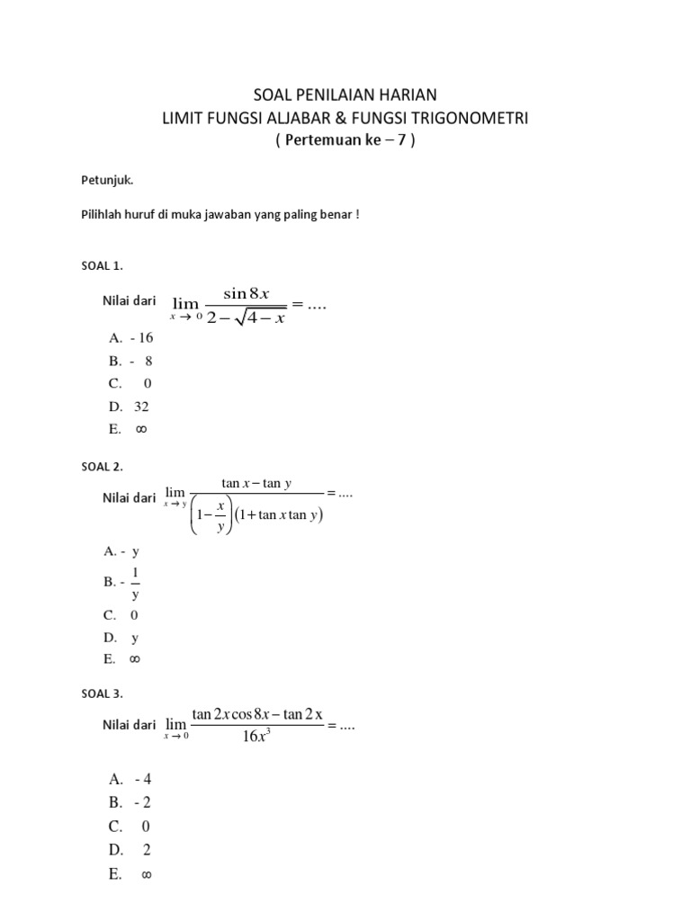 Soal Limit Fungsi Aljabar dan Trigonometri | PDF | Metode & Bahan Ajar ...