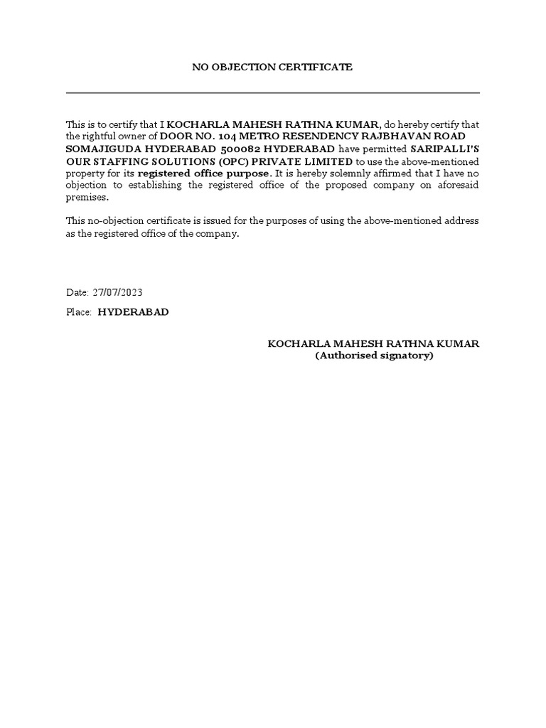 No Objection Certificate for Office Use | PDF