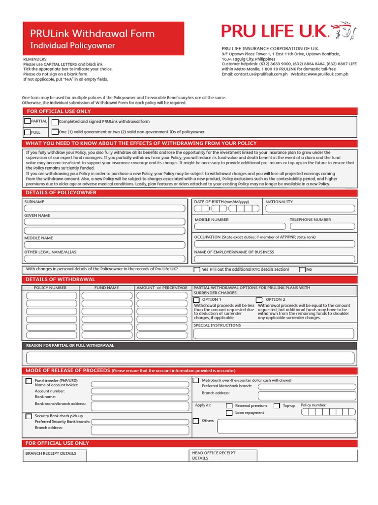 2021 - Prulink Withdrawal Form For Individual PO Copy 2 | PDF