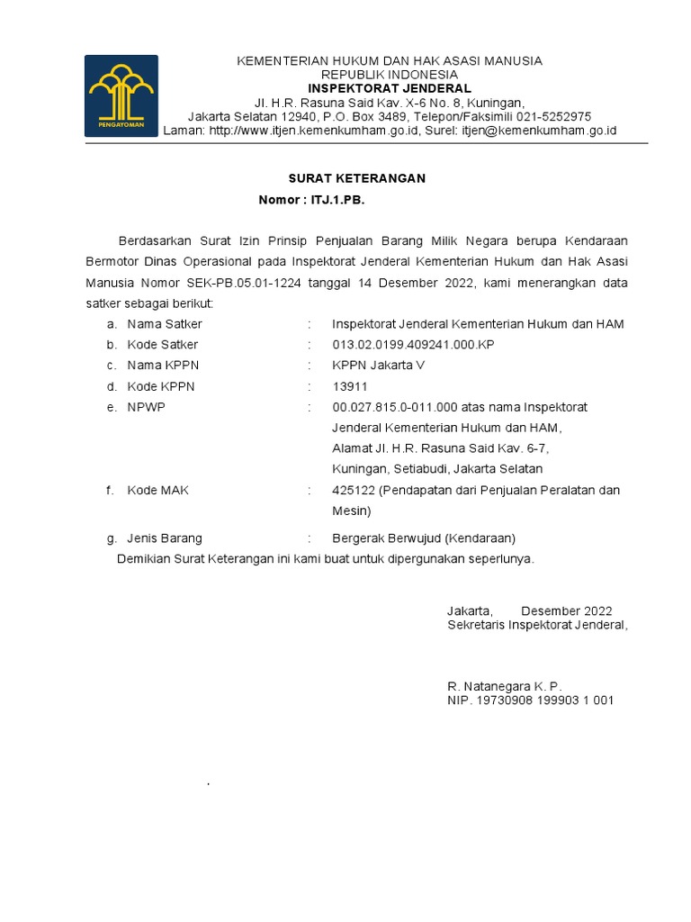 Surat Keterangan Satker Kemenkumham | PDF