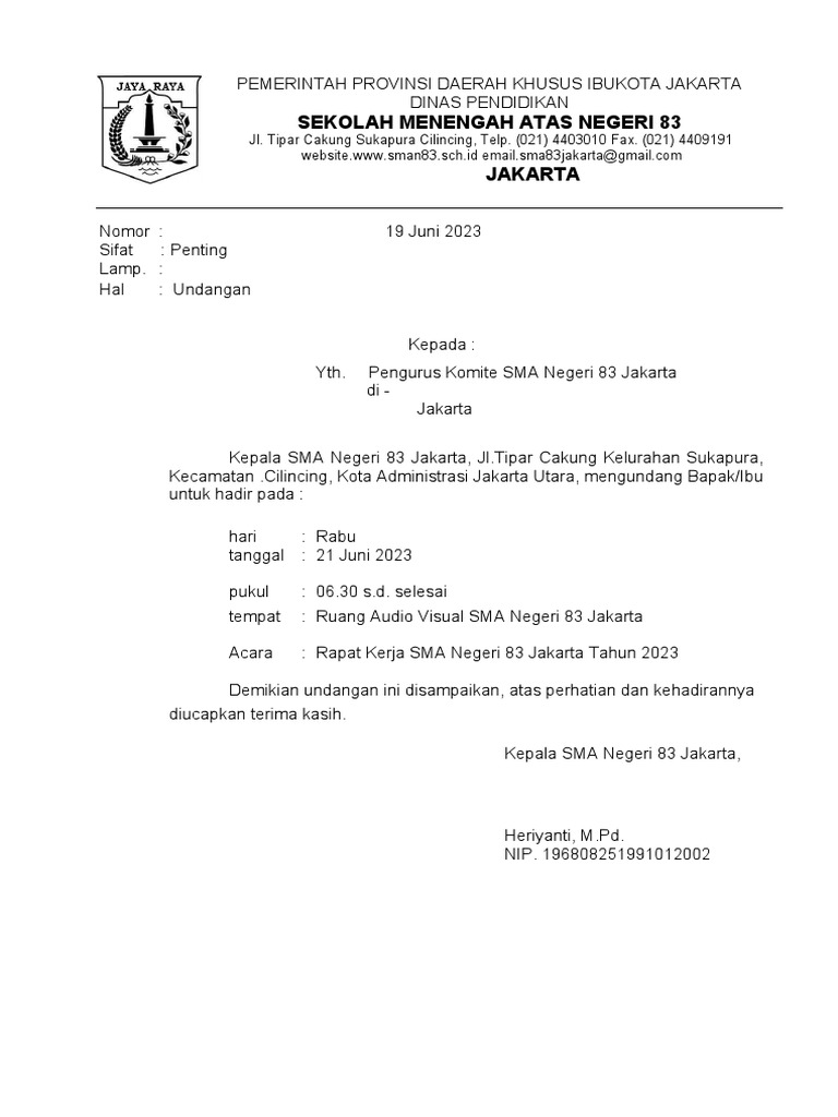 Undangan Rapat Kerja SMA 83 Jakarta | PDF