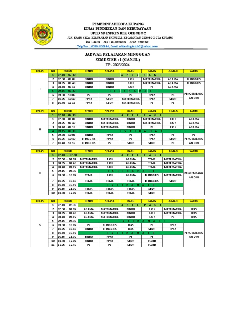 Jadwal Pelajaran Mingguan SD Sem 1 - TP 2023-2024 (Baru) Roster 3 | PDF