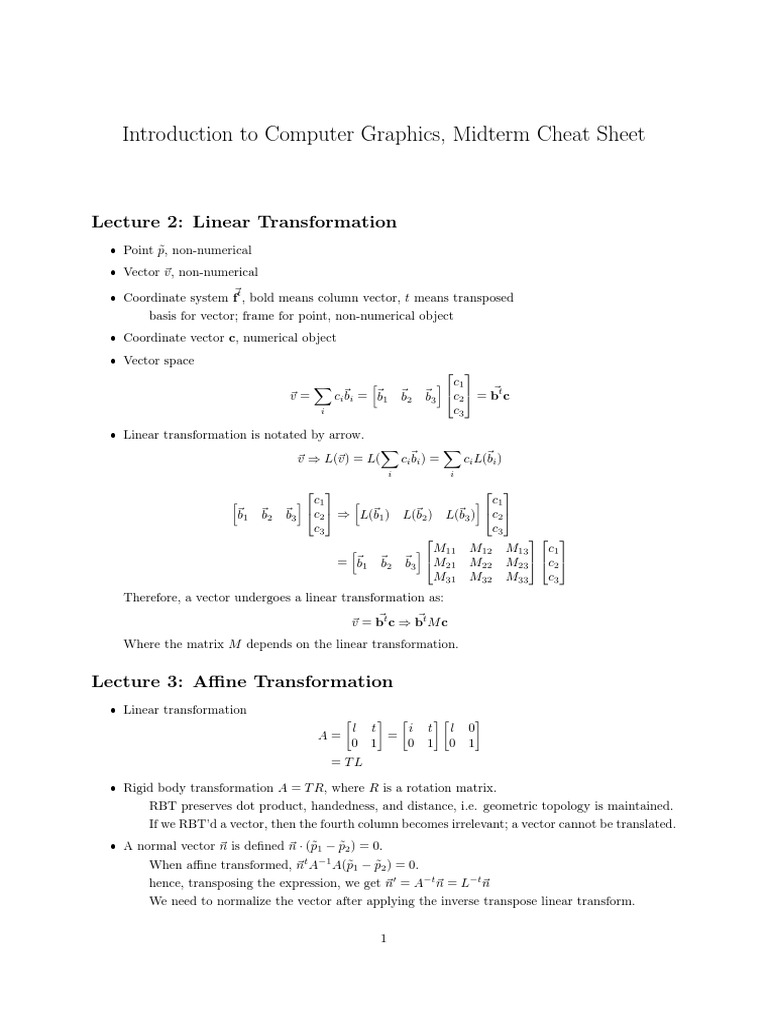 Computer Graphics Cheatsheet | PDF | Euclidean Vector | Vector Space