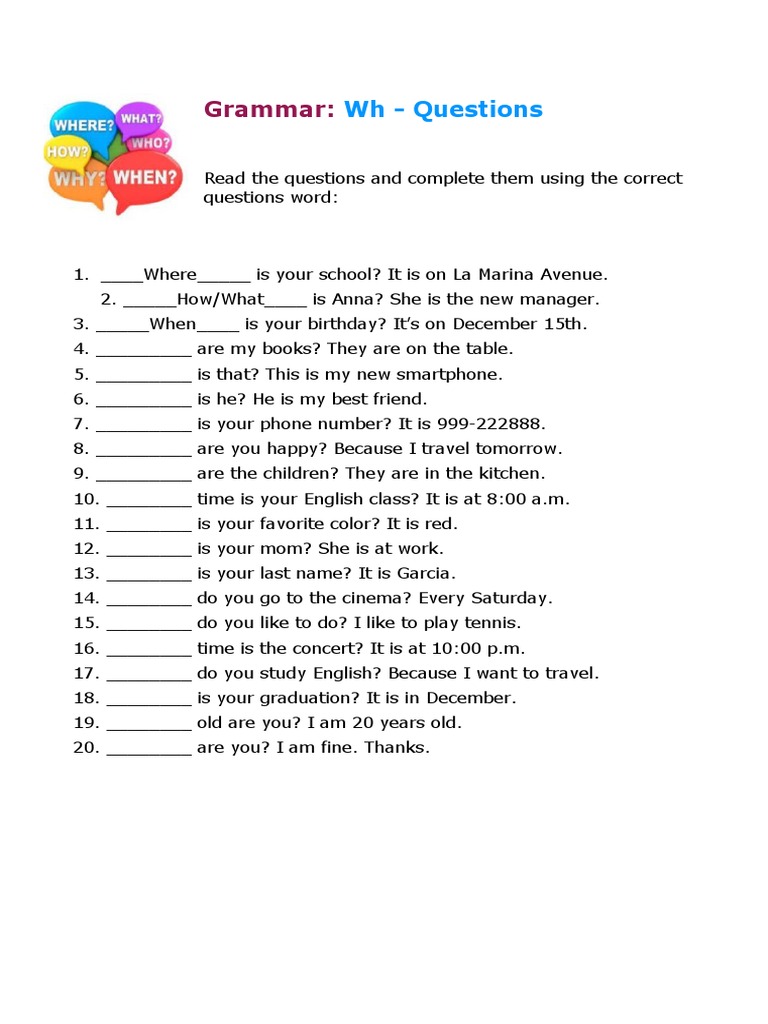 Wh-Questions Grammar Exercises | PDF