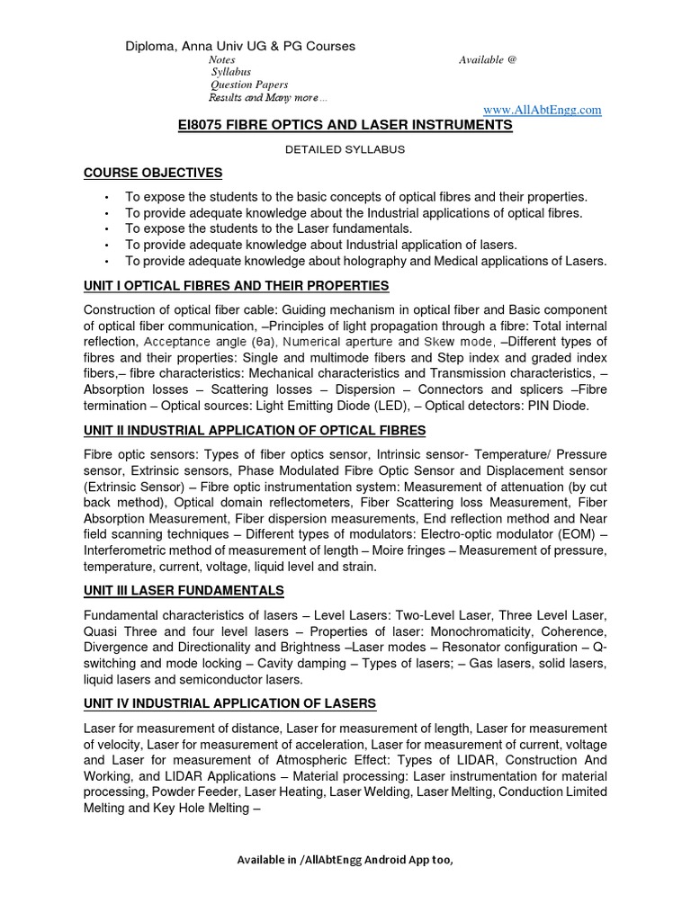 Fibre Optics and Laser Instruments Syllabus | PDF | Optical Fiber | Laser