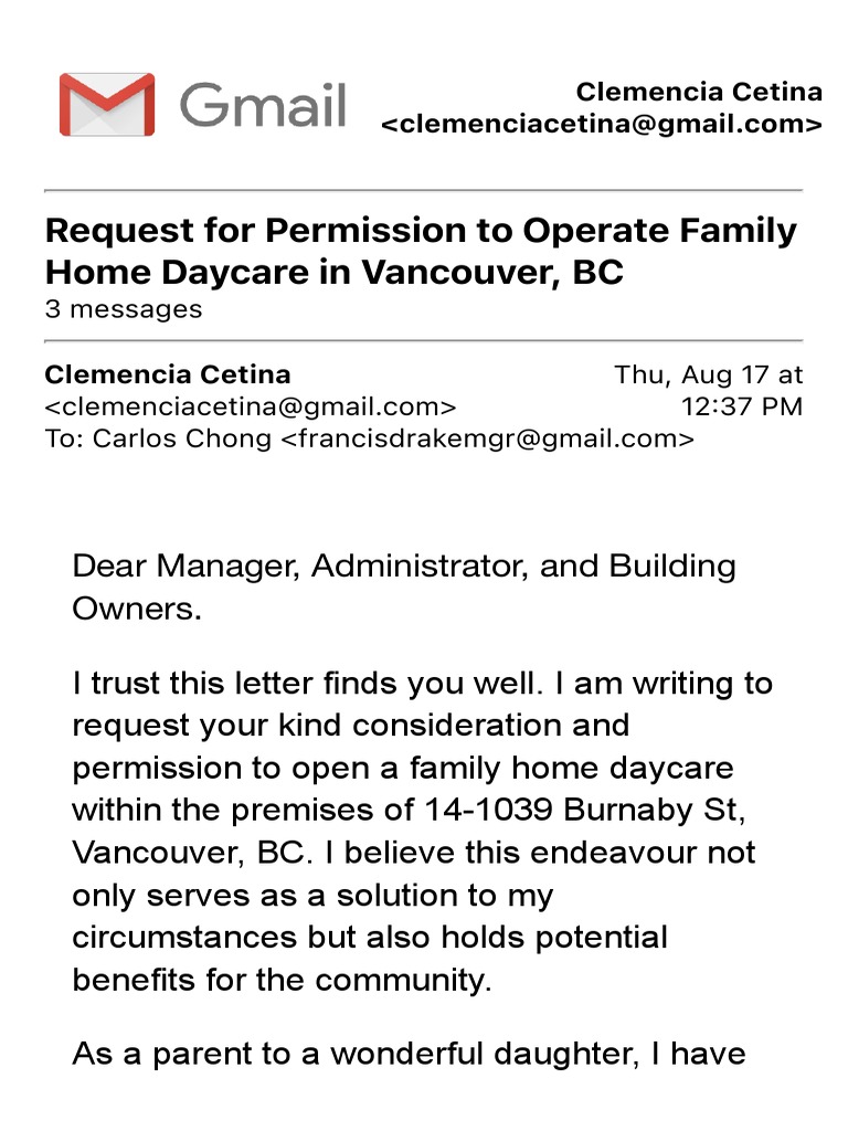 Request for permission to operate family home daycare in vancouver bc