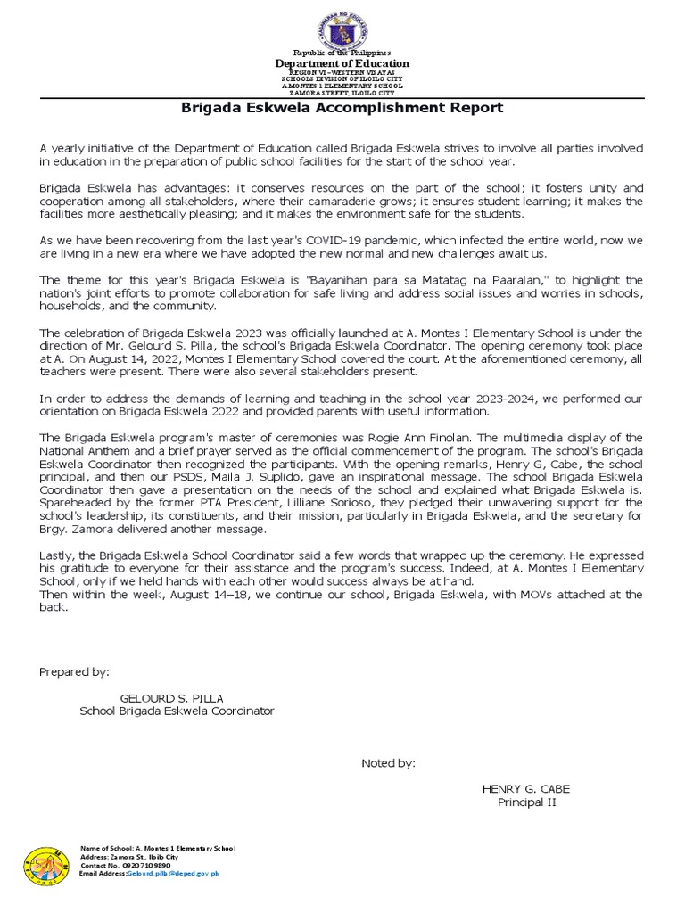 Brigada Eskwela 2023 Accomplishment Report | PDF | Social Science