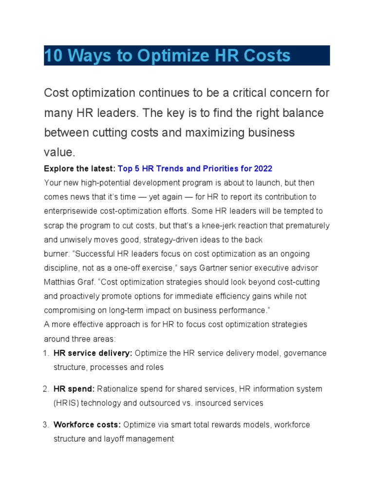 10 Ways To Optimize HR Costs 4 PDF Outsourcing Employment