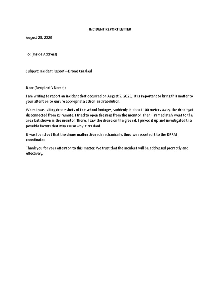Incident report letter pdf