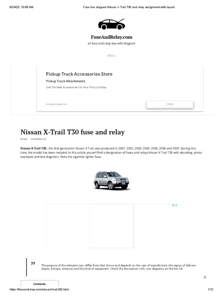 Fuse Box Diagram Nissan X-Trail T30 and Relay Assignment With Layout