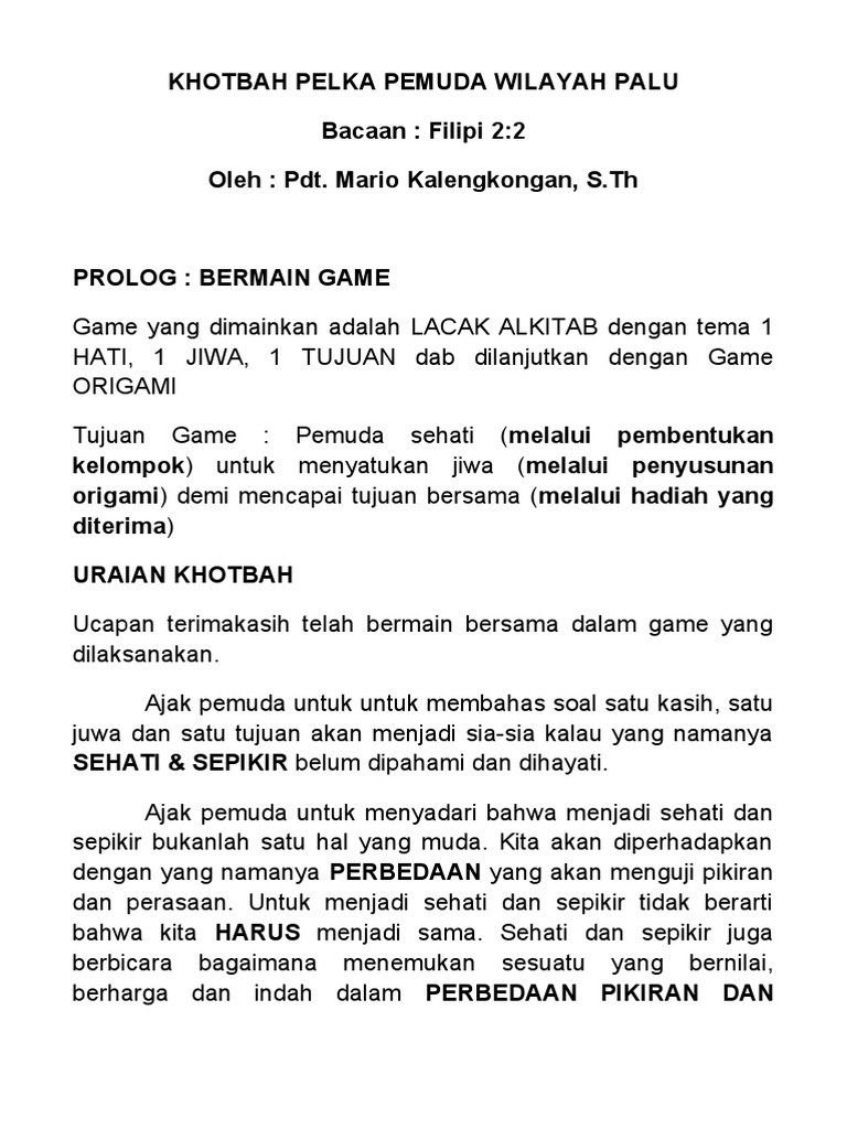 Khotbah Pelka Pemuda Wilayah Palu | PDF
