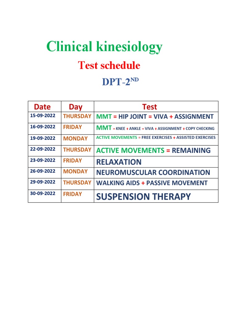 Clinical Kinesiology TEST SCHEDULE PDF