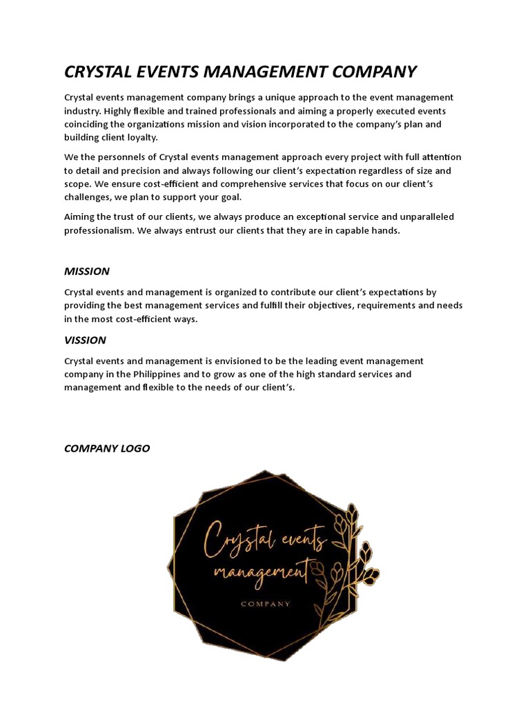 Crystal Events Management Overview | PDF | Supply Chain | Marketing