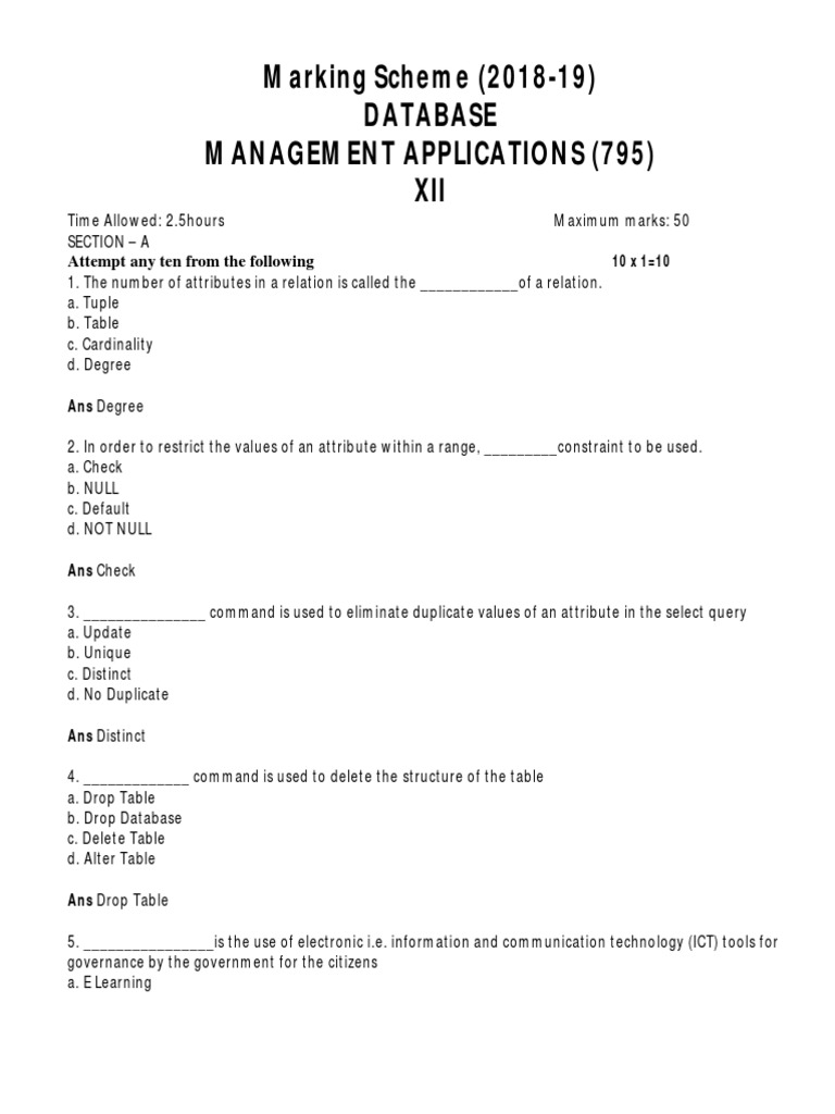 Marking Scheme for Database Management 795 | PDF | Technology & Engineering