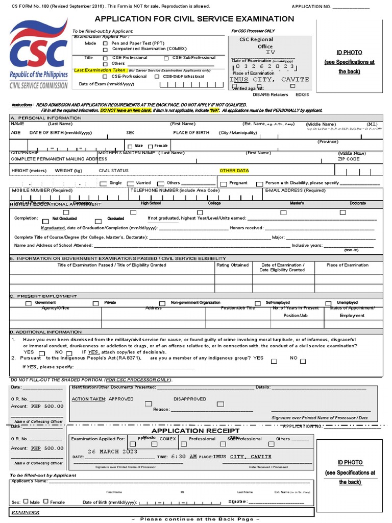 Civil Service Exam Application Form 100 | PDF | Identity Document ...