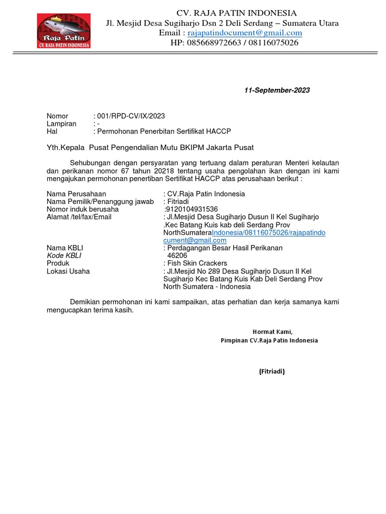 Permohonan Sertifikat HACCP CV Raja Patin | PDF | Memasak, Makanan ...